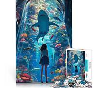 Puzzles de 1000 pièces pour Adultes Fille regardant Un Aquarium à Requins Jeu de Quiz Cadeau d'anniversaire, Cadeaux, décoration Murale 52x38cm