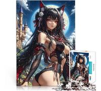 Puzzles de 1000 pièces pour Adultes Fille renarde animée en Dentelle Noire Jeu de Quiz avec Affiche et Feuille de Questions correspondantes 52x38cm