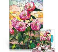 Puzzles de 1000 pièces pour Adultes Fleurs de camélia en vitrail Loisirs en Famille Car C'est Un pour Toute la Famille 38x26cm