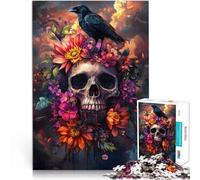 Puzzles de 1000 pièces pour Adultes Fleurs de crâne de Corbeau Fait de Bois，pour Les 14 Ans et Plus Difficile et Stimulant Super Cadeau de Noël。Taille：50x75cm/19.6x29.5pouce