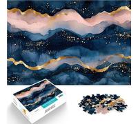 Puzzles de 1000 pièces pour Adultes Montagnes Bleues et dorées abstraites Jeu Stimulant avec Affiche et Feuille de Questions correspondantes 38x26cm
