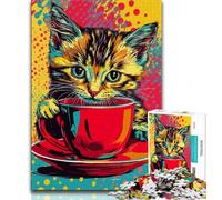 Puzzles de 1000 pièces pour Adultes, Motif Chat Buvant du café Aidez Votre Cerveau à exercer des Jouets addictifs pour cultiver la Patience Une œuvre d'art 50x75cm