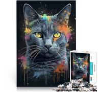 Puzzles de 1000 pièces pour Adultes Peinture de Chat Bleu Russe Jeu Familial Anti-Stress Défi Difficile Décoration Parfaite 75x50cm