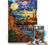 Puzzles de 1000 pièces pour Adultes “Reflet du Caire au Clair de Lune” Fait de Bois,pour Les 14 Ans et Plus Jouets de Jeu avec Affiche et Feuille de Quiz correspondantes。Taille:50x75cm