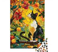 Puzzles De 1000 Pièces pour Adultes Stained Glass Garden Cat Puzzle Jeu Familial Décoration Murale Cadeaux Uniques pour Anniversaire Et Noël 70x50cm/1000pcs