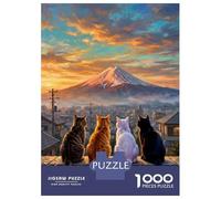 Puzzles De 1000 Pièces Pour Adultes Team Cat Looking Sunset Mount Fuji Les Puzzles Pour Adultes Améliorent La Mémoire Et Stimulent Le Cerveau. Idées Cadeaux Pour Les Amis Et La Famille 52x38cm/1000pcs