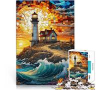 Puzzles de 1000 pièces pour Adultes Vitrail du Phare au Coucher du Soleil défi éducatif avec Affiche et Feuille de Questions correspondantes 52x38cm