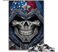 Puzzles de 1000 pièces représentant Un crâne et Un Drapeau américain pour Adultes et Adolescents Jeu Stimulant et Amusant pour Toute la Famille Cadeau d'anniversaire, décoration Murale 26x38cm
