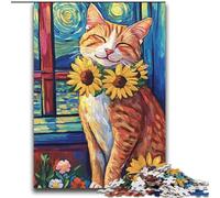 Puzzles de 2000 pièces représentant Un Chat et Un Tournesol dans Le Ciel Nocturne, pour Adultes à partir de 14 Ans. Un pour Toute la Famille (70x100cm).