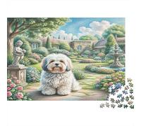 Puzzles de Bichon Maltais 1000 Pièces Chien Blanc sur Un Chemin de Jardin avec des Fleurs et Un Arrière-Plan de Cottage, Défi en Famille, Anti-Stress, Excellent Cadeau, 38x26cm/1000pcs