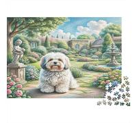 Puzzles de Bichon Maltais 1000 Pièces en Papier Recyclé - Chien Blanc sur Un Chemin de Jardin avec des Fleurs et Un Arrière-Plan de Cottage, Défi Très Difficile, Jeu Éducatif52x38cm/1000pcs