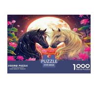 Puzzles de Chevaux 1000 Pièces en Papier Recyclé - Chevaux Noir et Blanc Se Frottant sous la Lune et des Fleurs, Défi Très Difficile, Jeu Éducatif, Activité à la Maison, 38x26cm/1000pcs