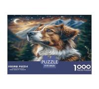 Puzzles de Mignons Chiens de Compagnie 1000 Pièces en Papier Recyclé - Colley Regardant vers Le Haut dans Une Montagne Clair de Lune, pour Adultes, Défi Très Difficile, 38x26cm/1000pcs