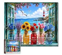 Puzzles de Phare Côtier 1000 Pièces, Art de Fenêtre Rustique de la Bible Chrétienne avec Fleurs pour Adultes - Oeuvre Florale Colorée Inspirée de la Mer - Mosaïques pour la Maison - Artisanat DIY