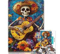 Puzzles de Squelette Mexicain Jouant de la Guitare pour Adolescents, Difficiles à compléter mais Amusants et Humoristiques avec Une Affiche et Une Feuille de Questions Assorties 38x52cm