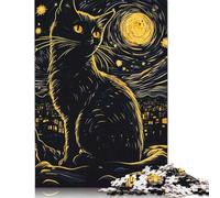 Puzzles en Bois 500 pièces Chat Noir Nuit Étoilée pour Adultes Puzzles en Bois Jeux Éducatifs pour Enfants 500 pièces (52x38cm)
