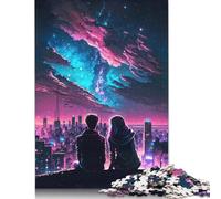 Puzzles en Bois de 1 000 pièces représentant des Silhouettes de Couple, Paysage Urbain Nocturne, pour Adultes, Exercices cérébraux, Jeu de Divertissement, Cadeaux, activités familiales (38 x 26 cm)