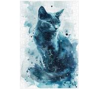 Puzzles en Bois de 1000 pièces, pour Adultes, Chat Bleu Russe élégant, Puzzle créatif de Peinture à l'encre de Chat (C ; 1000)