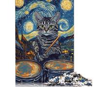 Puzzles en Bois de 500 pièces représentant Un Chat Batteur et la Nuit étoilée, pour Adultes et Adolescents, Jouets de Divertissement Familial, 500 pièces (52 x 38 cm)