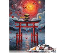 Puzzles en Bois pour Adultes, Puzzles éducatifs Anti-Stress, représentant Un Chat Ninja à la Porte Torii