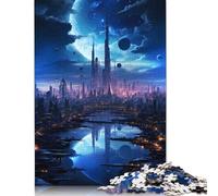 Puzzles en Bois pour Adultes, Ville futuriste, Lune et Nuit, 1 000 pièces, pour Exercices cérébraux, Jeu de Divertissement, Cadeaux, activités familiales (38 x 26 cm)