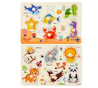 Puzzles en Bois pour Enfants, 2 pièces Jouet Éducatif d'éveil Montessori pour Bébés, Planche à gratter pour enfants, pour Bebe, Garçon ou Fille, multicolore, animaux, animaux marins