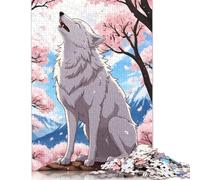 Puzzles en papier de 1000 pièces de loup blanc parmi les cerisiers en fleurs pour adultes et adolescents, idéal pour décorer la maison, 1000 pièces (75 x 50 cm)