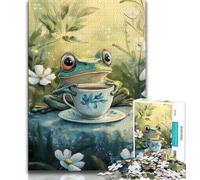Puzzles Grenouille Buvant du thé pour Adolescents, Puzzle 1000 pièces, Anti-Stress, Vacances à la Maison, Tuer Le Temps avec Affiche Assortie et Feuille de Questions (38x26cm)