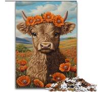 Puzzles Highland Cow avec Fleurs Oranges 1000 pièces pour Adolescents, Jeux Amusants, Chaque pièce est Unique - Jeu Familial Stimulant (50x75cm)