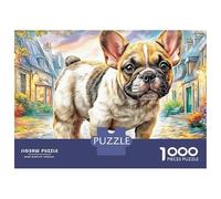 Puzzles Jigsaw 1000 Pièces Bulldog français dans Le Village Puzzles 52x38cm/1000pcs pour Adultes Et Enfants Cadeau Jeu D'Intelligence Familial DIY Carton