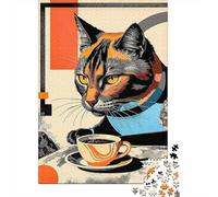 Puzzles Jigsaw 1000 Pièces Calico Cat Boire du café Puzzles 52x38cm/1000pcs pour Enfants Cadeau Jeu D'Intelligence Pression Réduite Bricolage Carton