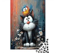 Puzzles Jigsaw 1000 Pièces Cartoon Chat Oiseau Assis Puzzles 52x38cm/1000pcs pour Adultes Et Enfants Cadeau Jeu D'Intelligence Familial DIY Carton