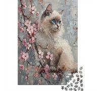 Puzzles Jigsaw 1000 Pièces Chat avec des Fleurs de cerisiers Puzzles 70x50cm/1000pcs pour Adultes Et Enfants Cadeau Jeu D'Intelligence Familial Bricolage Carton