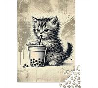 Puzzles Jigsaw 1000 Pièces Chaton Mignon Buvant Boba Puzzles 52x38cm/1000pcs pour Adultes Et Enfants Cadeau Jeu D'Intelligence Familial DIY Carton