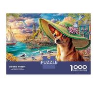 Puzzles Jigsaw 1000 Pièces Chien dans Un Chapeau de Soleil par Un Village côtier Puzzles 52x38cm/1000pcs pour Enfants Cadeau Jeu D'Intelligence Familial DIY Carton