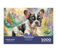 Puzzles Jigsaw 1000 Pièces Chiot de Bulldog français dans Le Village Puzzles 38x26cm/1000pcs pour Enfants Cadeau Jeu D'Intelligence Familial DIY Carton