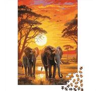 Puzzles Jigsaw 1000 Pièces Coucher de Soleil éléphant Africain Puzzles 52x38cm/1000pcs pour Enfants Cadeau Jeu D'Intelligence Pression Réduite DIY Carton