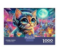 Puzzles Jigsaw 1000 Pièces DJ Cat avec Casque Puzzles 52x38cm/1000pcs pour Enfants Cadeau Jeu D'Intelligence Familial Bricolage Carton