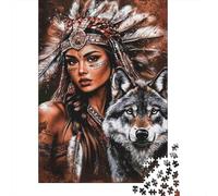 Puzzles Jigsaw 1000 Pièces Femme autochtone Loup Puzzles 70x50cm/1000pcs pour Adultes Et Enfants Cadeau Jeu D'Intelligence Pression Réduite DIY Carton