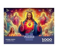 Puzzles Jigsaw 1000 Pièces Jésus-Christ avec Le cœur sacré et des Figures angéliques Puzzles 52x38cm/1000pcs pour Adultes Et Enfants Cadeau Jeu D'Intelligence Familial DIY Carton