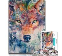 Puzzles Loup Aquarelle pour Adultes 1000 Puzzles, Jeu Familial Anti-Stress Défi Difficile Cadeaux Secrets du Père Noël 50x75cm