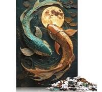 Puzzles Poisson Koi et Lune Japonais Asiatique Yin et Yang 500 pièces Puzzle en Bois pour Adultes Jouets Anti-Stress (52 x 38 cm)