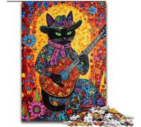 Puzzles pour Adolescents,1 000 pièces,Chat Jouant de la Guitare Parmi Les Fleurs,Anti-Stress avec des pièces entièrement emboîtables de Formes aléatoires,pour Les Enfants de 14 Ans et Plus (26x38cm)