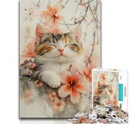Puzzles pour Adolescents 1 000 pièces Motif Chat Aquarelle et Fleurs de Cerisier Jouets de Divertissement Familial avec Affiche et fiche de Questions-réponses Assorties 75x50cm