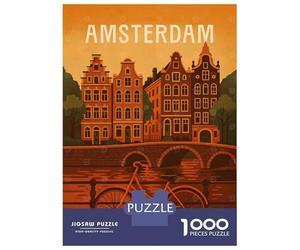 Puzzles pour Adolescents 1000 Amsterdam Travel Poster - Canals, Bikes & Tulips Puzzle Jeux Amusants Décoration Parfaite Offre Cadeau pour Toute La Famille 38x26cm/1000pcs