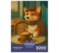 Puzzles pour Adolescents 1000 Corgi at Parisian Cafe with Coffee Puzzle Jeux Amusants Décoration Parfaite Offre Cadeau pour Toute La Famille 38x26cm/1000pcs