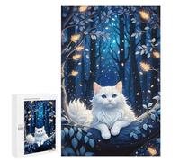 Puzzles pour Adolescents 1000 PCS A Whimsical Illustration. Fluffy White Cat Nestled on A Dark Blue Tree Adorned with Intric Puzzles Jeux De Détente Décoration Parfaite Cadeaux Uniques d'anniversaire