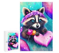 Puzzles Pour Adolescents 1000 PCS An Adorable Raccoon Holding A Heartshaped Balloon on A String, It Is Raining Hearts, Rose Puzzles Pour Adultes Jeux Amusants Décoration Parfaite Cadeaux Uniques D'ann