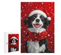 Puzzles pour Adolescents 1000 PCS Border Collie with Santa Hat Smiling Christmas Dog Print Puzzles pour Adultes Jouets Anti-Stress pour S'amuser en Famille Interaction Parent-Enfant 1000 PCS