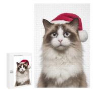 Puzzles pour Adolescents 1000 PCS Christmas Ragdoll Cat with Santa Hat Puzzles pour Adultes Jouets Anti-Stress pour S'amuser en Famille Interaction Parent-Enfant 1000 PCS